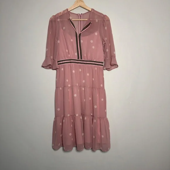 Gal Meets Glam Finely Polka Dot Tiered Midi Pink Dress Women's 4 Petite - Picture 4 of 16